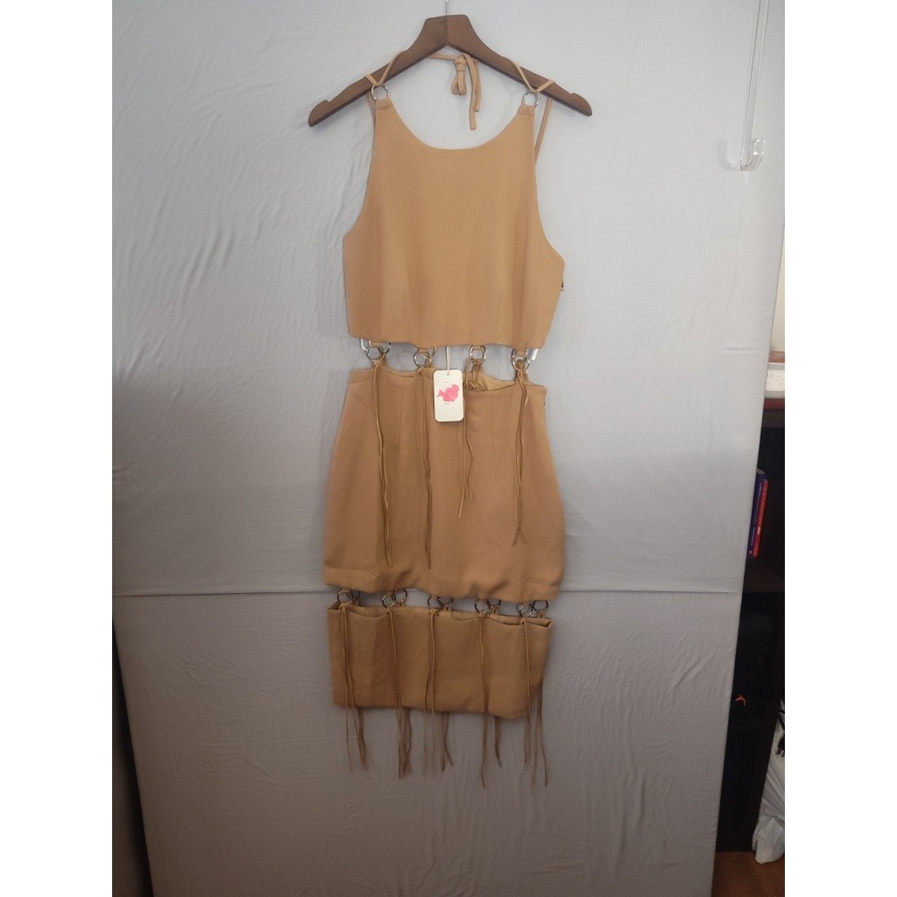 L'ATISTE by Amy Tan O-Ring Fringe Halter Cut Out Midi Dress Medium NWT